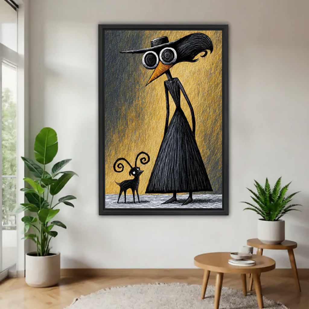 Framed surreal raven and goat canvas wall art displayed between plants in a bright room