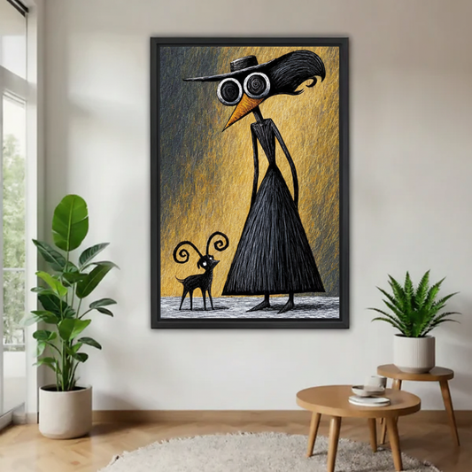 Framed surreal raven and goat canvas wall art displayed between plants in a bright room