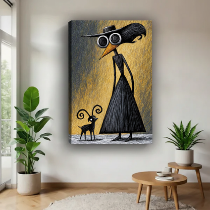 Gallery wrap surreal raven and goat canvas wall art shown in a modern room with plants
