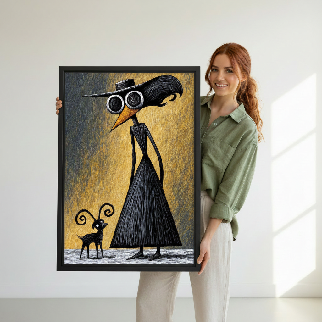 Woman holding framed surreal raven and goat canvas wall art in a sunlit room