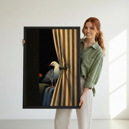 Woman holding large surreal seagull striped curtain framed canvas print, dramatic dark bird wall art size reference