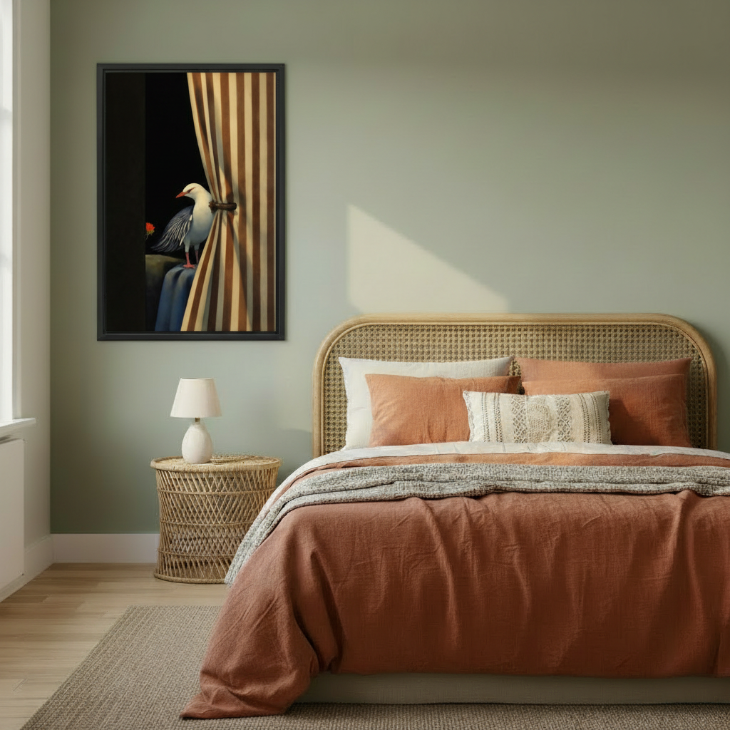  Dramatic surreal seagull with striped curtain framed wall art above rattan bed, dark moody bird print for boho bedroom decor
