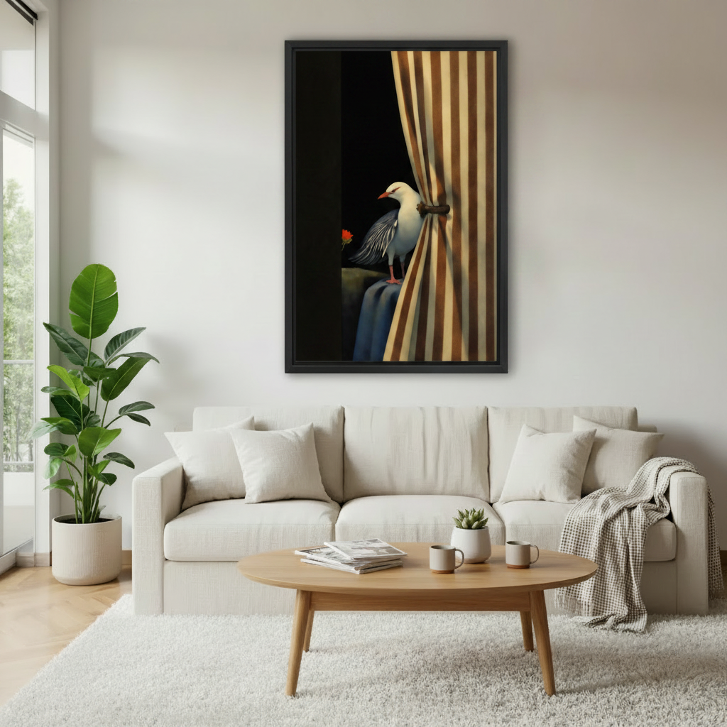 Surreal seagull gold striped curtain dark framed print above linen sofa, moody eclectic bird wall art for living room
