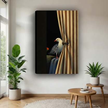  Frameless canvas wrap of surreal seagull with gold striped curtain and red flower, moody dark bird wall art for modern home