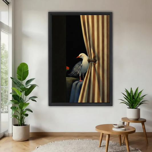  Surreal seagull beside gold striped curtain dark background framed wall art, dramatic bird canvas print for living room decor