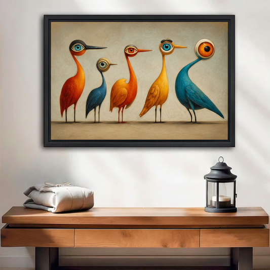 Surrealist big eye bird quintet framed canvas wall art in black floating frame above wooden entryway console table with lantern