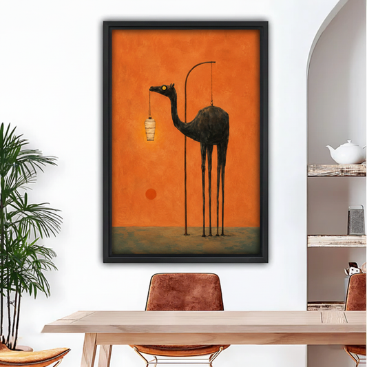 Framed surrealist camel lantern canvas wall art with black frame on white wall