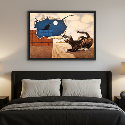 Surrealist cat moon night framed canvas print displayed above dark bed in cozy bedroom interior
