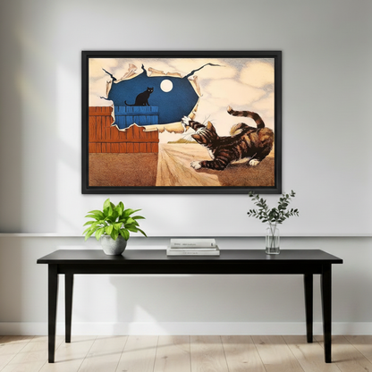 Whimsical surrealist cat wall art in black frame hanging above black console table in entryway