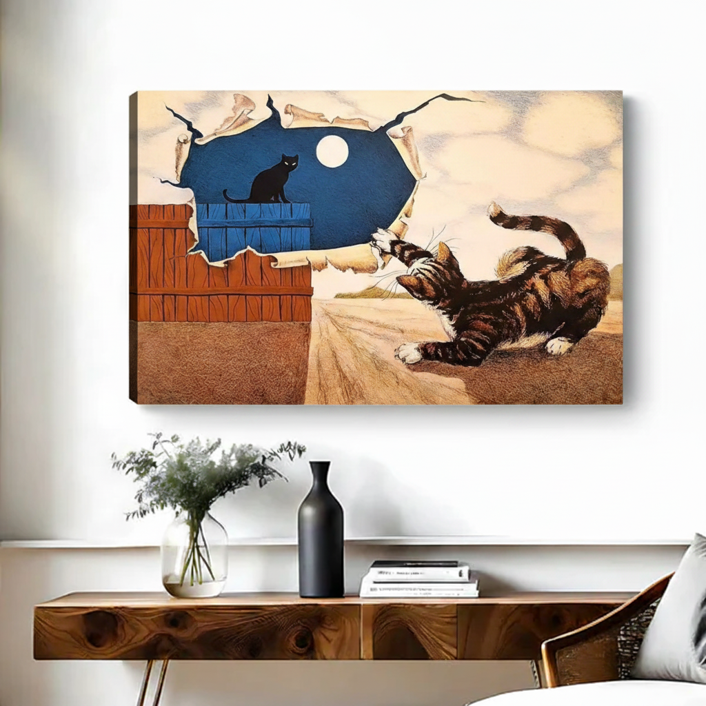 Frameless surrealist cat moon night canvas print above wooden sideboard in modern living room