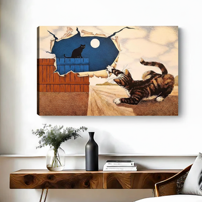 Frameless surrealist cat moon night canvas print above wooden sideboard in modern living room