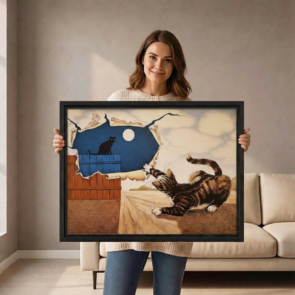 Woman holding surrealist cat whimsical canvas wall art print in beige living room setting