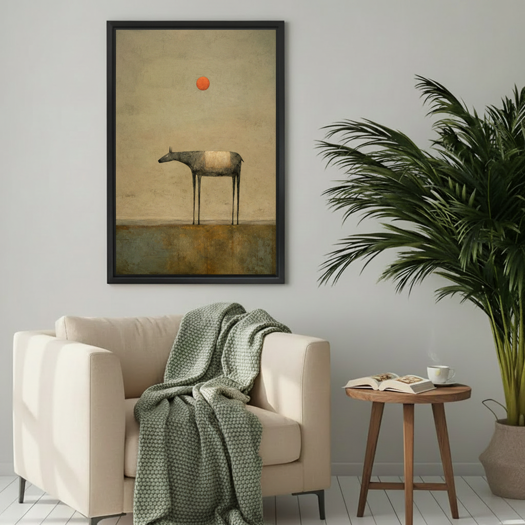 Surrealist minimalist deer canvas print in black frame above beige armchair in modern living room decor