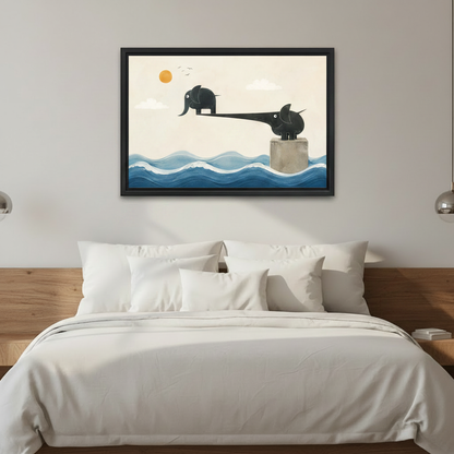 Surrealist elephant trunk bridge painting framed wall art centered above bed with white bedding in cozy bedroom