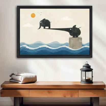 Surrealist elephant framed canvas wall art with black floating frame above wooden console table in entryway