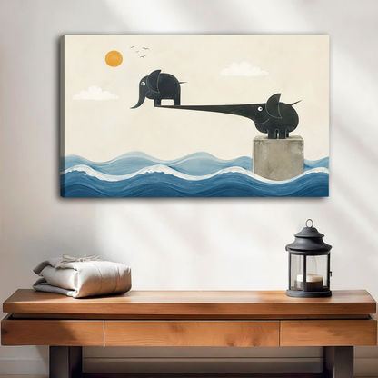 Surrealist elephant ocean scene gallery wrap canvas print with visible edge depth displayed above entryway console table
