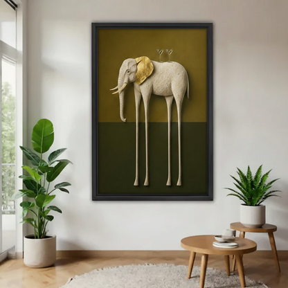 Surrealist elephant art print in black frame above white sofa in Scandinavian living room