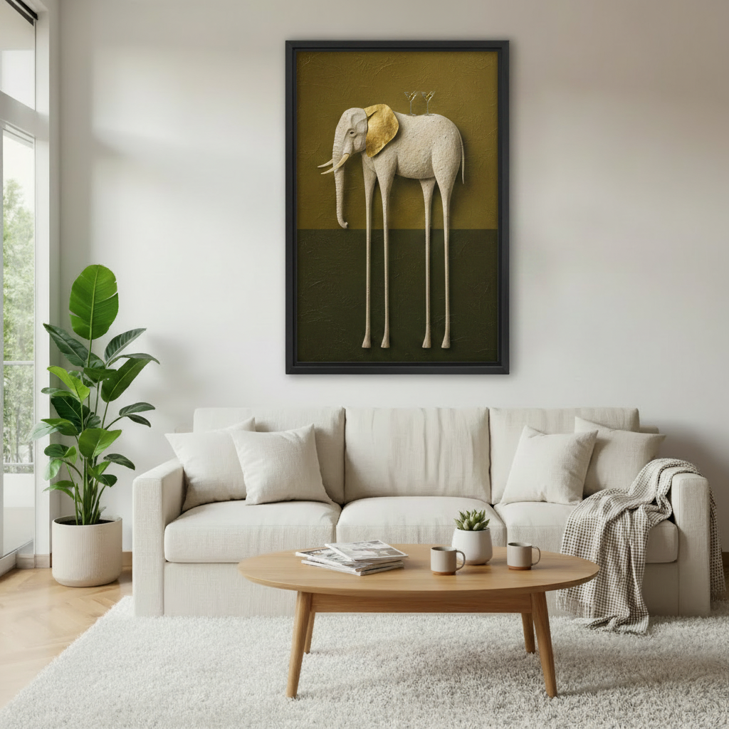 Whimsical surrealist elephant canvas wrap wall art hung in bright living room with tropical plants