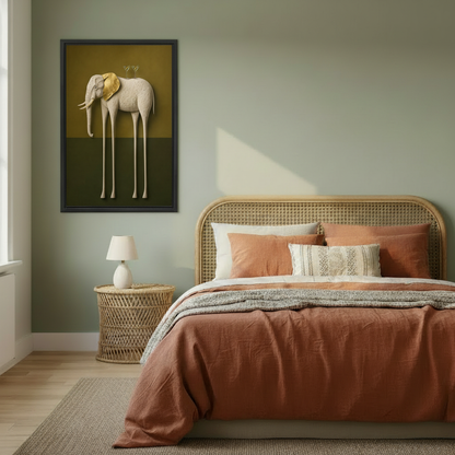 Surrealist long-leg elephant with gold ear framed canvas print displayed in modern boho bedroom