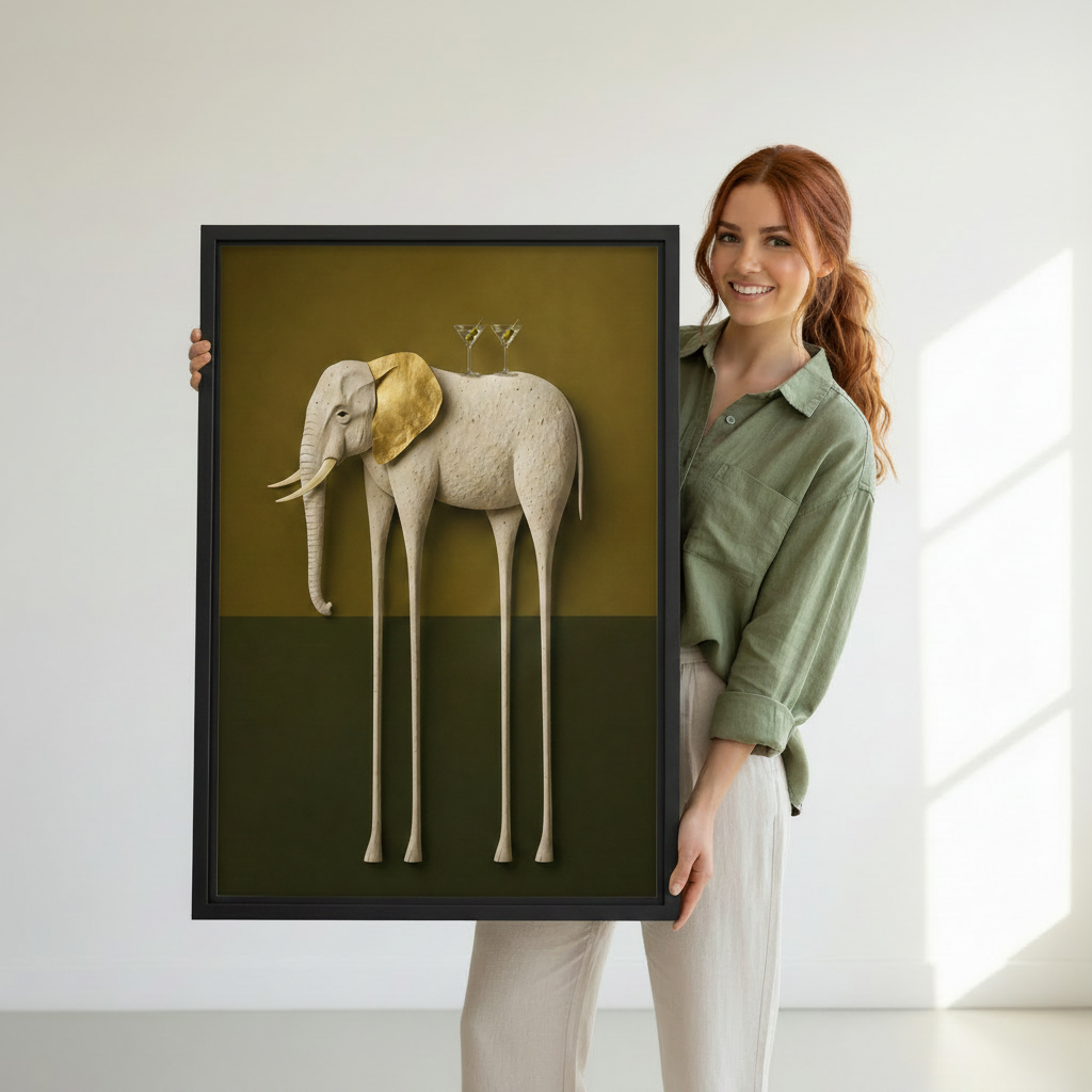 Woman holding surrealist long-leg elephant framed canvas print showing artwork size reference