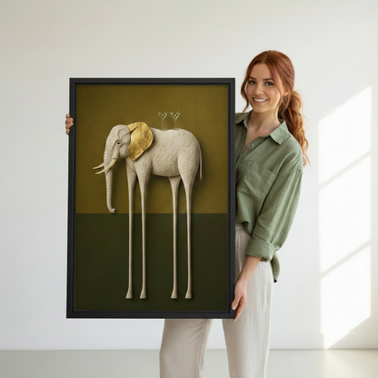 Woman holding surrealist long-leg elephant framed canvas print showing artwork size reference