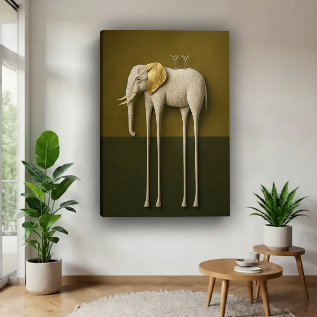 Surrealist elephant with long legs and martini glasses wall art in minimalist plant corner