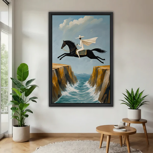 Surrealist horse rider cliff jump canvas wall art in black floating frame displayed in bright living room with plants