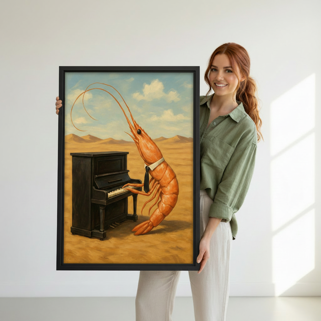 Surrealist shrimp piano black framed canvas above cream sofa in bright Scandinavian living room with plants
