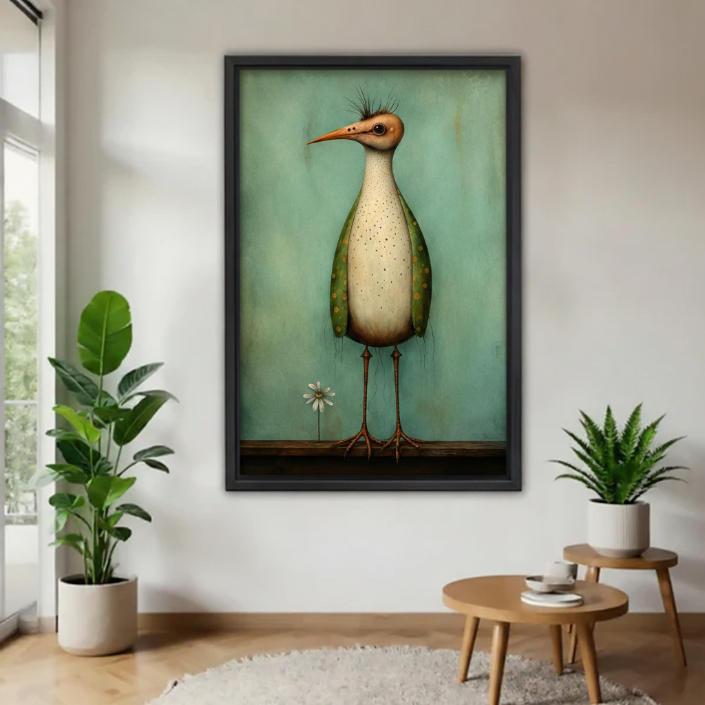 Black framed surrealist folk art wading bird canvas wall art hanging in minimalist living room with green plants