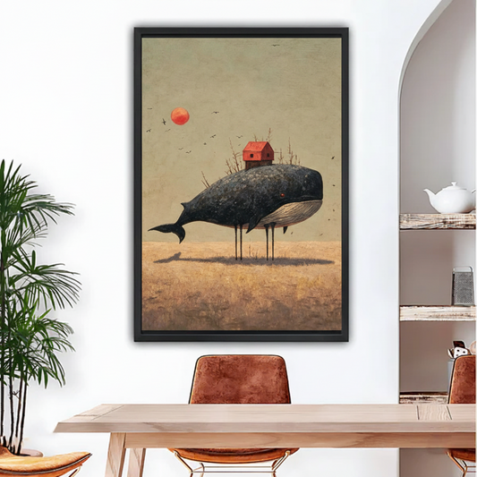 Surrealist whale on legs with red house framed canvas wall art above dining table