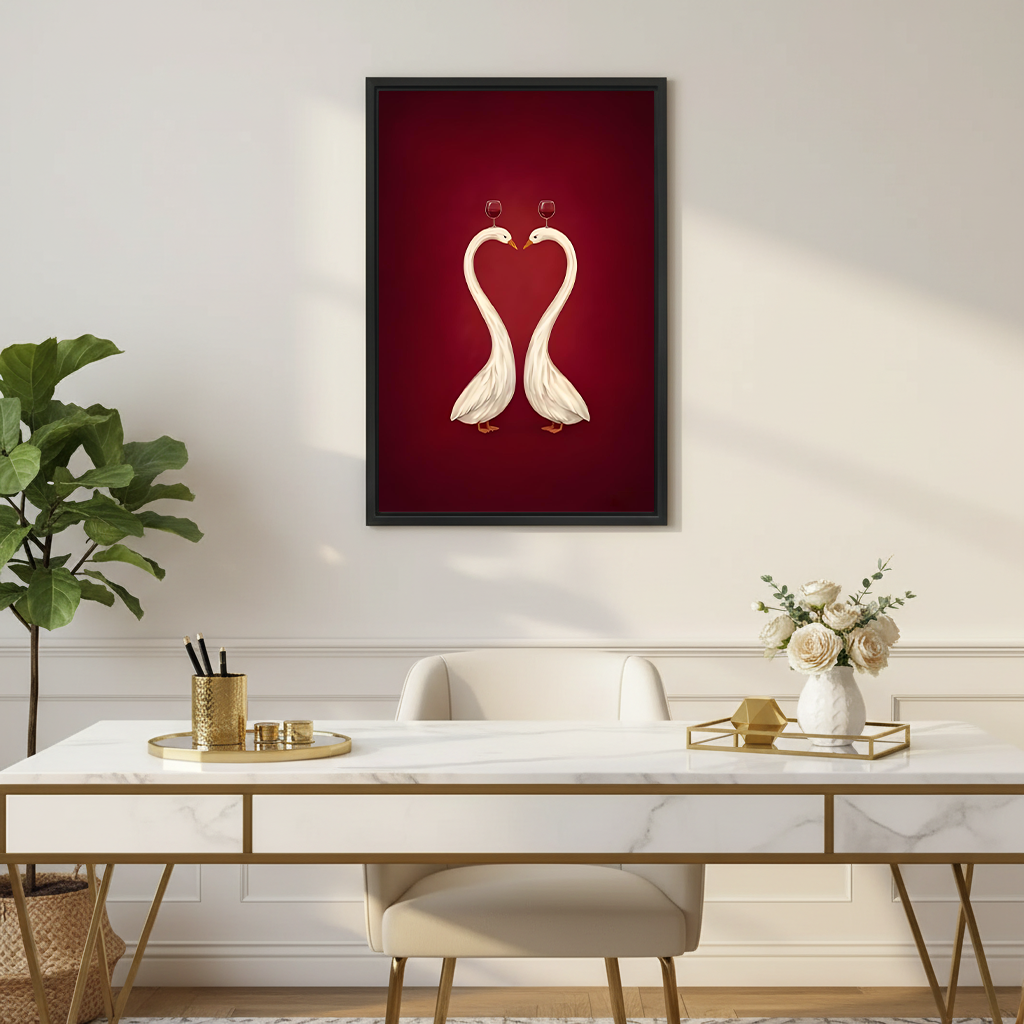 Swan love heart romantic canvas wall art in black frame above marble desk in elegant home office