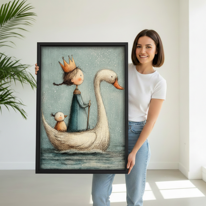 Woman holding a large black-framed storybook canvas print of a whimsical swan princess and baby bird on misty water