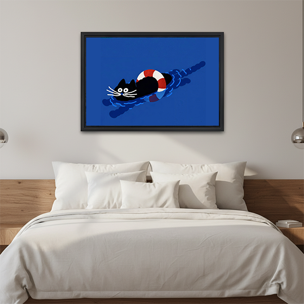 Whimsical Swimming Black Cat Canvas Wall Art | Framed & Unframed l5116
