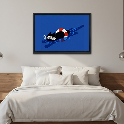Whimsical Swimming Black Cat Canvas Wall Art | Framed & Unframed l5116