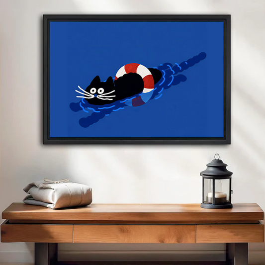 Whimsical Swimming Black Cat Canvas Wall Art | Framed & Unframed l5116