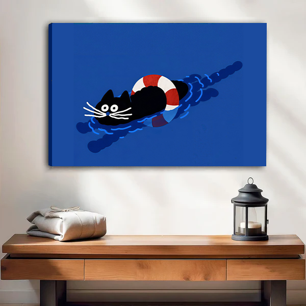 Whimsical Swimming Black Cat Canvas Wall Art | Framed & Unframed l5116