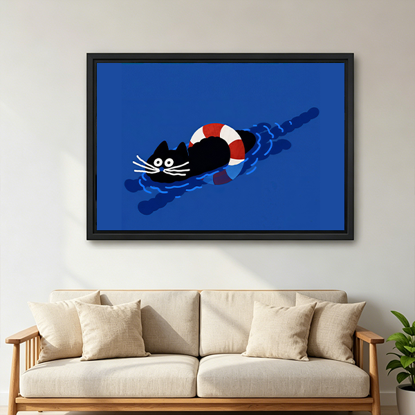 Whimsical Swimming Black Cat Canvas Wall Art | Framed & Unframed l5116