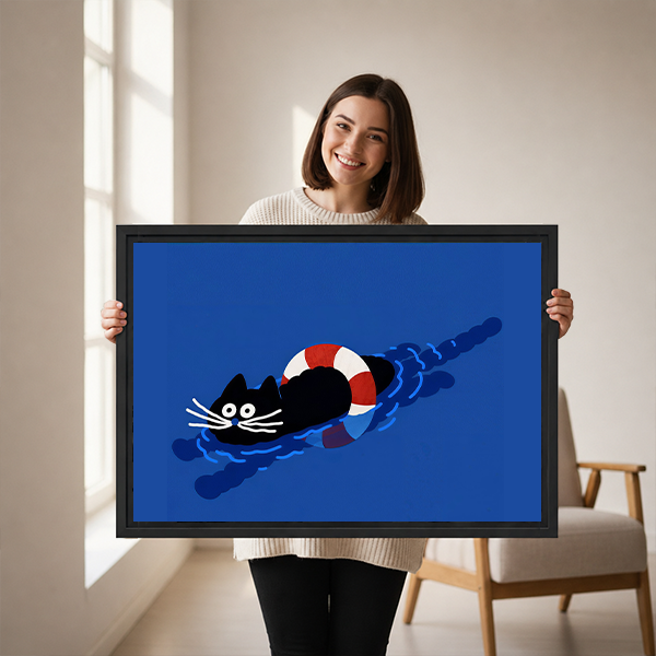 Whimsical Swimming Black Cat Canvas Wall Art | Framed & Unframed l5116