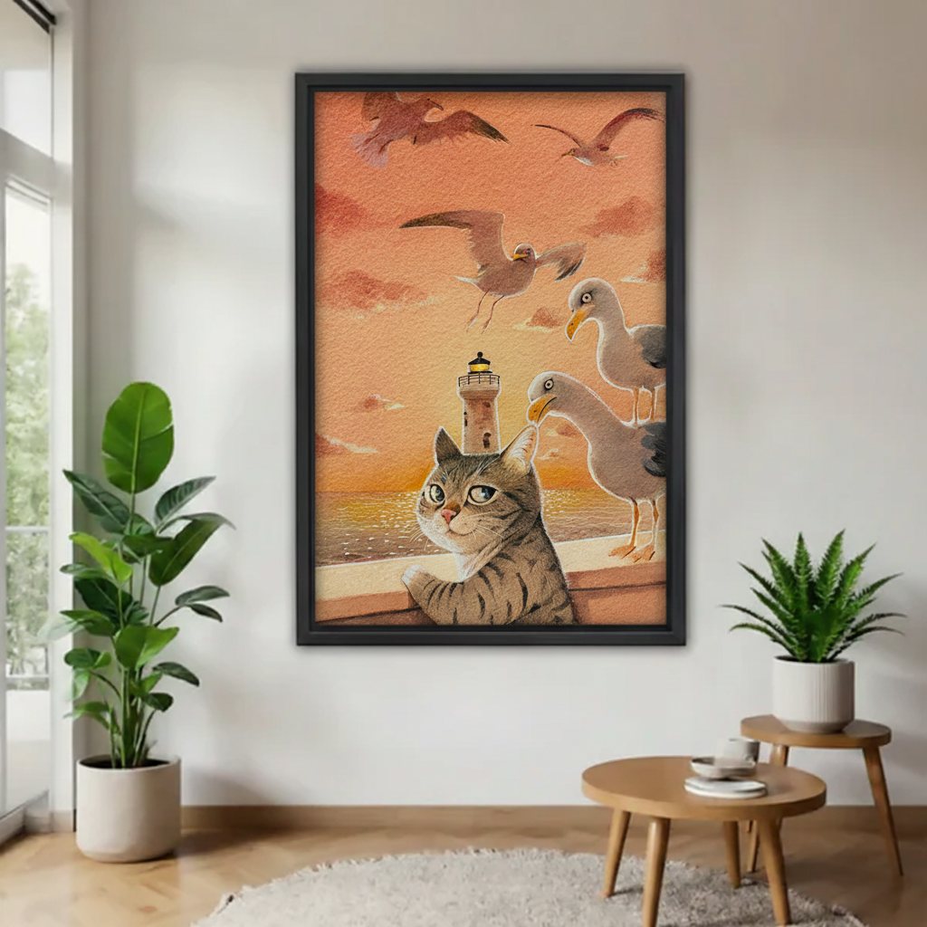 Large framed portrait art print of curious tabby cat surrounded by seagulls at golden sunset lighthouse, styled with indoor plants