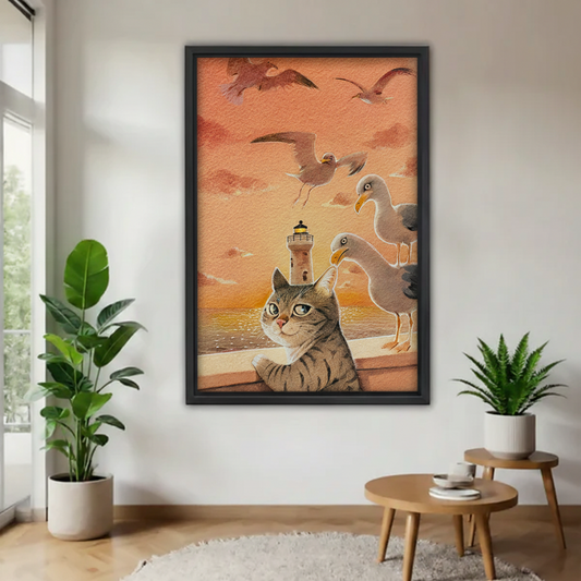 Large framed portrait art print of curious tabby cat surrounded by seagulls at golden sunset lighthouse, styled with indoor plants