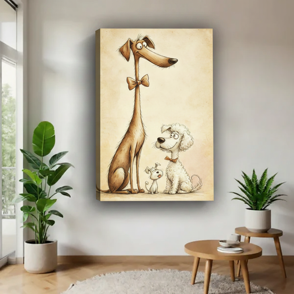 Gallery wrap canvas print of a humorous trio of cartoon dogs — a towering brown dog, a fluffy poodle, and a mini puppy — on a warm vintage cream background, frameless display in a light living space