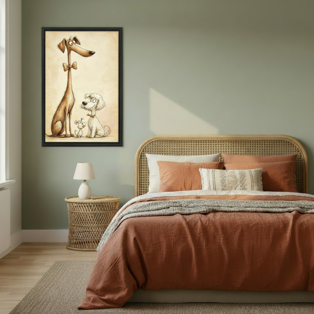 Vintage-style framed illustration of three cartoon dogs including a long-necked brown dog, a curly white poodle, and a small puppy, hung on a sage green bedroom wall above a rattan bed