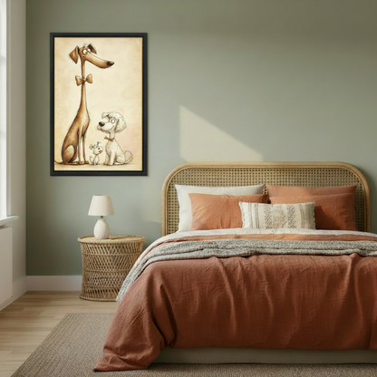 Vintage-style framed illustration of three cartoon dogs including a long-necked brown dog, a curly white poodle, and a small puppy, hung on a sage green bedroom wall above a rattan bed