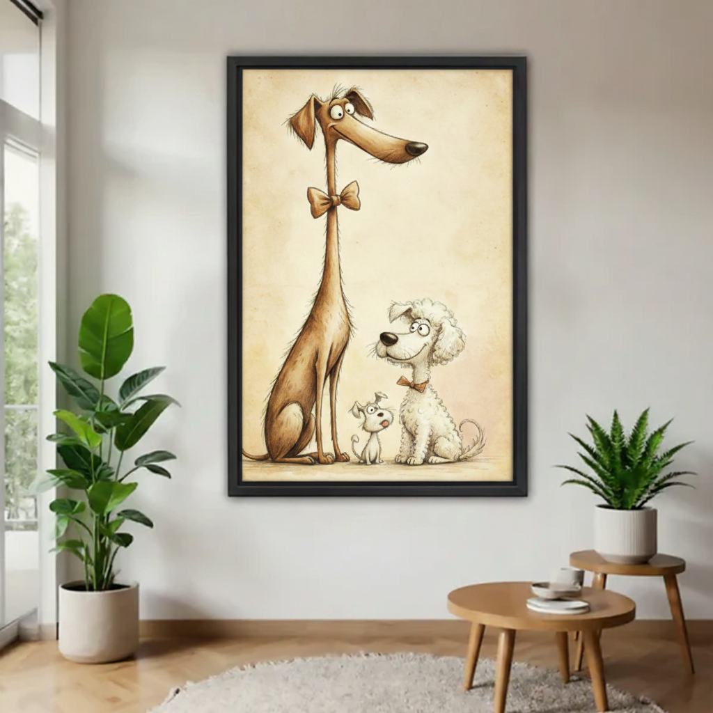 Vertical framed pencil-sketch style art print featuring a tall dog with bow tie, a white poodle, and a tiny dog on aged parchment background, styled in a bright minimalist hallway with indoor plants