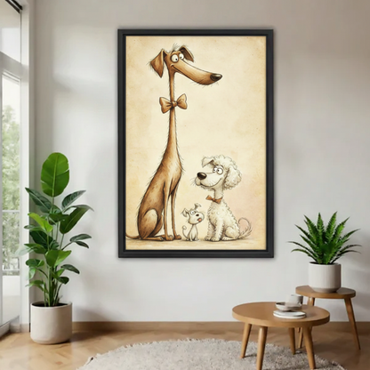 Vertical framed pencil-sketch style art print featuring a tall dog with bow tie, a white poodle, and a tiny dog on aged parchment background, styled in a bright minimalist hallway with indoor plants