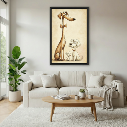 Framed wall art print of a whimsical tall brown dog with a bow tie standing beside a fluffy white poodle and a tiny puppy, displayed above a cream sofa in a modern living room