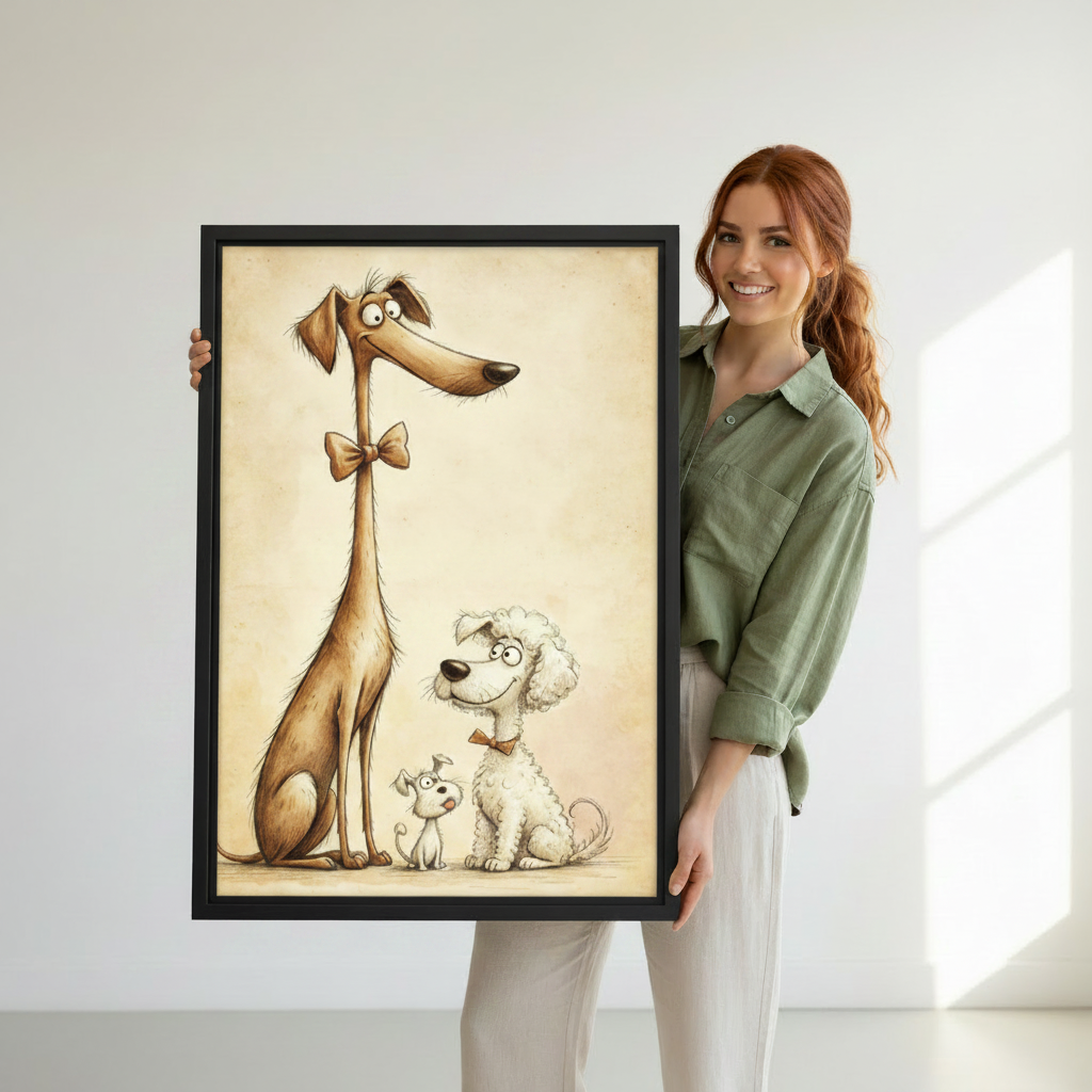 Woman holding a large framed art print of three whimsical cartoon dogs including a tall long-necked dog with bow tie and a curly white poodle, showcasing print size and black frame finish