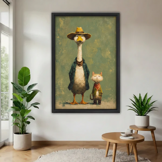 Black framed oil painting of a tall goose wearing a wide-brim hat and a small smiling cat in western attire, displayed in a bright neutral living room with tropical plants