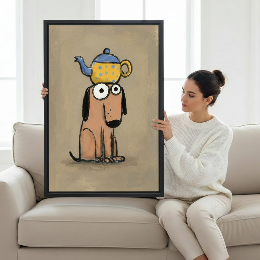 Woman holding funny teapot dog cartoon framed canvas print for wall decor