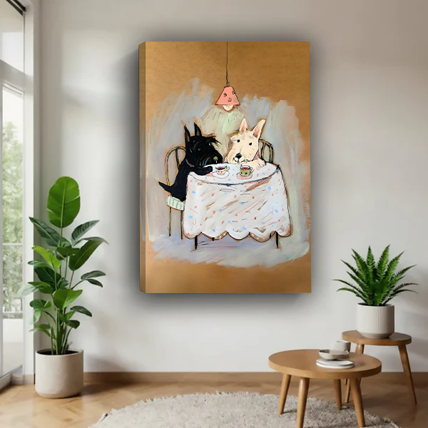 Gallery-wrapped terrier tea party canvas wall art beside green plants, showing two dogs beneath a pink pendant lamp.